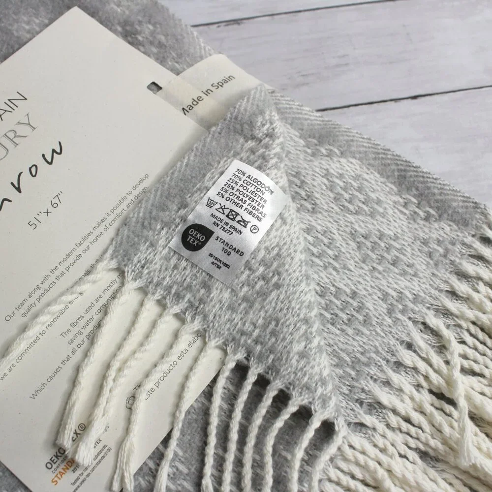 Made in Spain Throw Blanket Gray Cream with Fringe Cotton Blend
